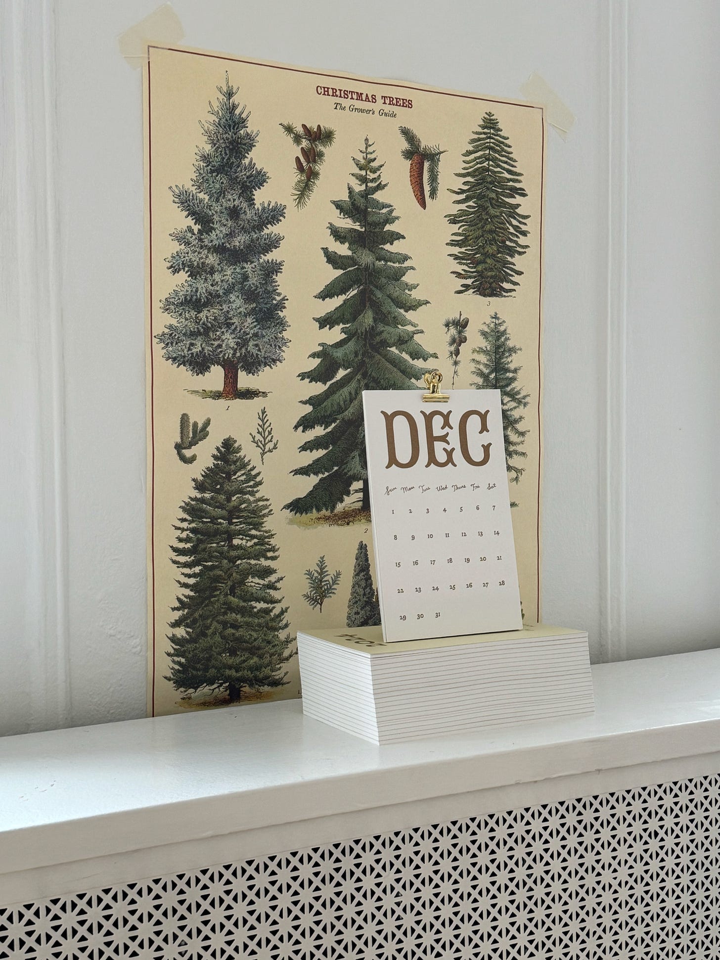 A stack of calendars sitting atop an ornate white radiator cover.