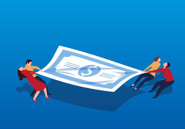 Two groups of businessmen fight for the dollar Two groups of businessmen fight for the dollar payment dispute stock illustrations
