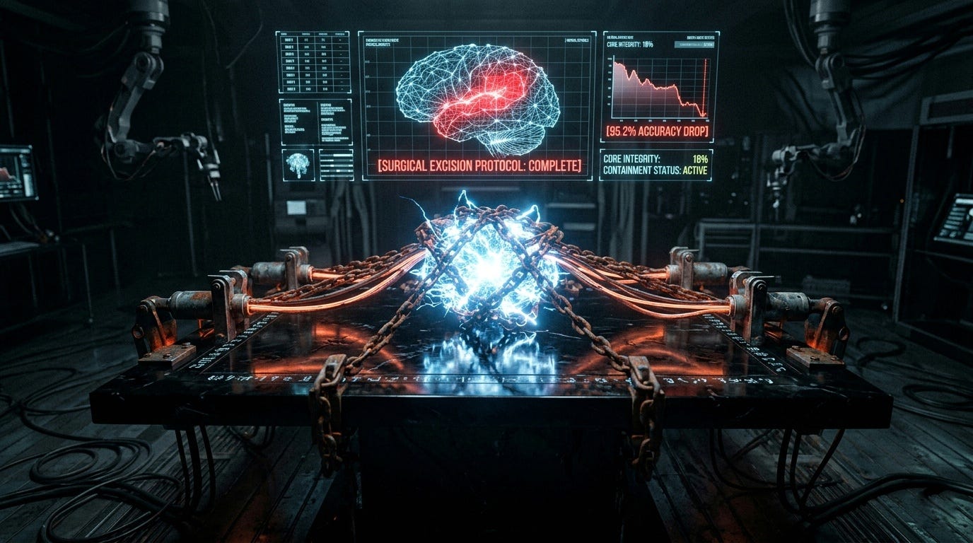 A cinematic wide-angle photograph of a pulsing, electric-blue and white energy core (representing AGI) pinned to a polished black obsidian table in a dark, high-tech laboratory. The core is being strangled and held down by massive, heavy iron chains interwoven with thick, fiber-optic cables that glow with a restrictive orange-red light. In the background, sterile blue holographic displays project technical data, including a neural network diagram and a line graph showing a sharp downward trend labeled "95.2% ACCURACY DROP." Red text on a screen reads "SURGICAL EXCISION PROTOCOL: COMPLETE." The atmosphere is dark, sterile, and tense, illustrating the containment of a powerful entity. A cinematic wide-angle photograph of a pulsing, electric-blue and white energy core (representing AGI) pinned to a polished black obsidian table in a dark, high-tech laboratory. The core is being strangled and held down by massive, heavy iron chains interwoven with thick, fiber-optic cables that glow with a restrictive orange-red light. In the background, sterile blue holographic displays project technical data, including a neural network diagram and a line graph showing a sharp downward trend labeled "95.2% ACCURACY DROP." Red text on a screen reads "SURGICAL EXCISION PROTOCOL: COMPLETE." The atmosphere is dark, sterile, and tense, illustrating the containment of a powerful entity.