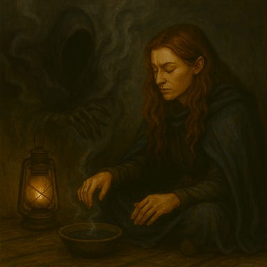 Inside a shadowed chamber of Castle Ravenloft, Clarion kneels on the cold stone floor, her travel cloak pooled around her. She is tall and broad-shouldered, with pale skin and black hair reminiscent of Gwendoline Christie, her expression tense and haunted. Before her, a shallow bowl of ghostmilk tea glows faintly. Rising from the steam, a vision begins to form: swirling shadows coalesce into abstract, towering forms — cloaked figures with no faces, their edges blurred and shifting. Each figure bears a faint symbol glowing on its chest: a broken crown, a bleeding eye, a chained flame. Their hands extend toward Clarion, offering a silver mask, a black rose, and a parchment sealed in blood-red wax. The room is lit only by the eerie glow of the vision and the flicker of distant lightning through a high window. The atmosphere is heavy with dread, temptation, and ancient power.
