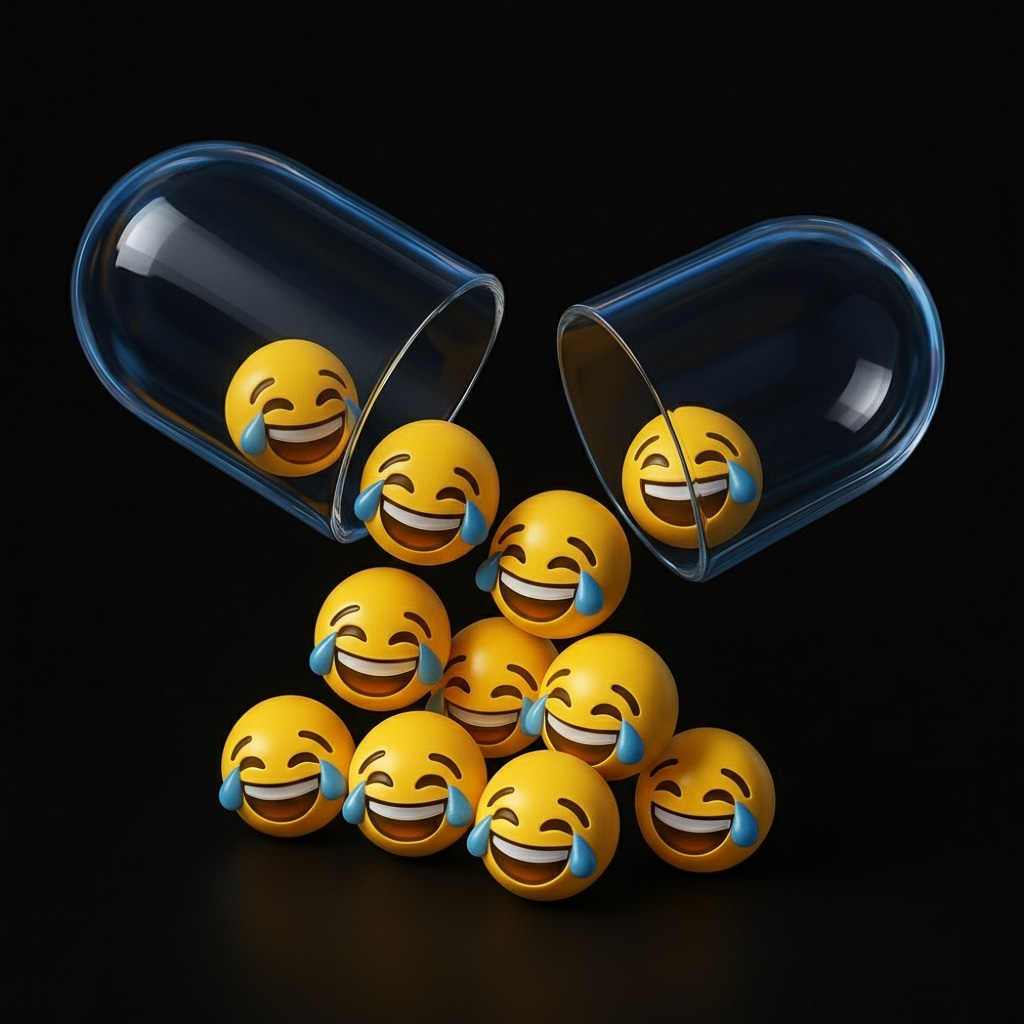 Желтые смайлы с слезами радости высыпаются из прозрачной капсулы на черном фоне.