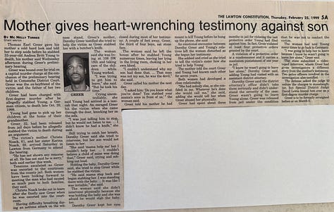 Mc Nelly Torres’ first story after she welcomed Christa and Karina Noack at the Lawton Airport in February 1999 and last story after the Noacks received custody of Andrea Britt Young’s children. The stories narrate how mother and daughter traveled from Germany to Oklahoma to confront the man who killed their loved one and asked the court system to grant custody of the children. Other stories were reports about the preliminary hearing, first-degree murder trial and subsequent conviction. (Mc Nelly Torres | Don’t Forget My Voice)