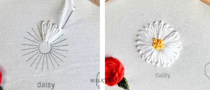 left: white lazy daisy stitches being added to create petals. Right: finished daisy embroidery