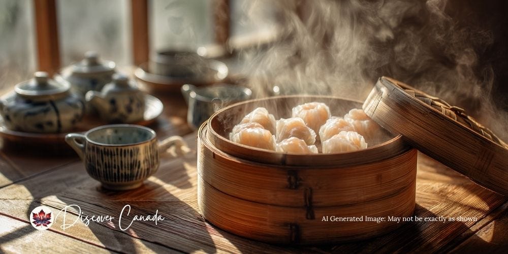 Shrimp har gow dim sum from Kum Koon Garden Winnipeg, freshly steamed in bamboo baskets.