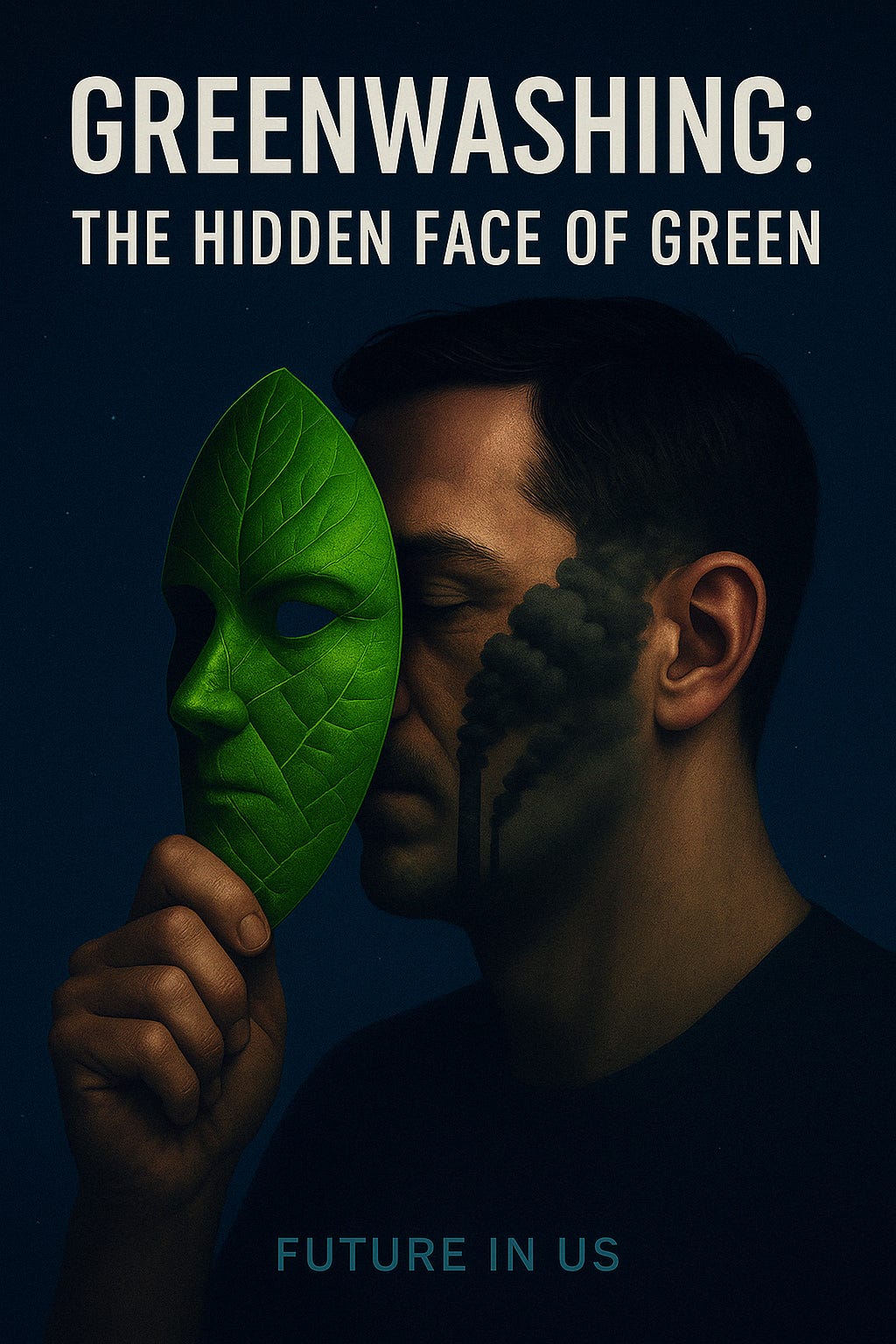 Poster showing a man peeling off a bright green leaf‑shaped mask, revealing factory smokestacks and dark smoke on his cheek; headline reads “Greenwashing: The Hidden Face of Green,” with “FUTURE IN US” subtly centered at the bottom.