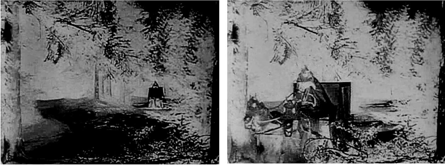 A pair of screengrabs from Nosferatu showing a nineteenth century coach and horses travelling through a forest towards camera; the images are in negative A pair of screengrabs from Nosferatu showing a nineteenth century coach and horses travelling through a forest towards camera; the images are in negative