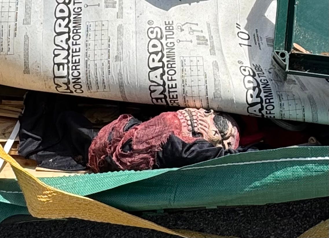 A close-up of a curbside Bagster showing a skull Halloween decoration