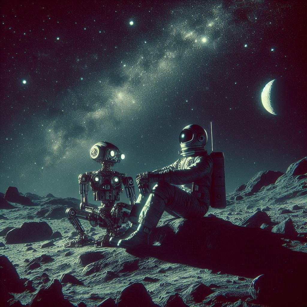 A robot and a man wearing a space suit sitting together on the surface of an asteroid, looking at the stars in the dark sky. Vintage Sci-Fi style