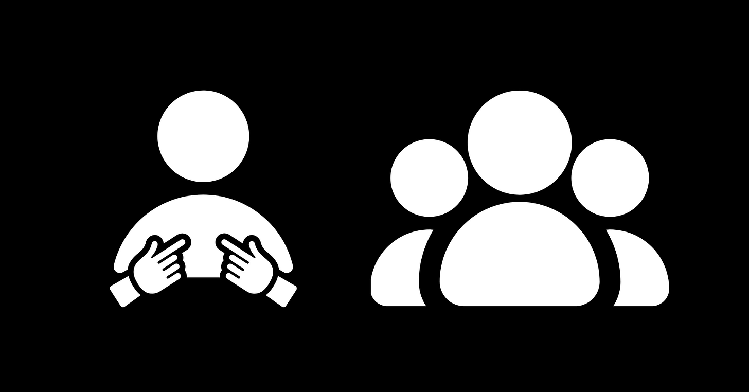 A graphic on the left of a person pointing to themself and on the right a graphic of three people.