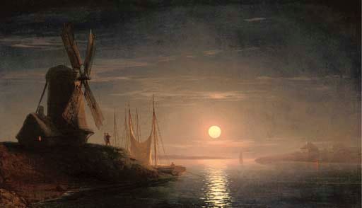 A glowing moon breaks through cloud over a dark restless sea and a distant sailing ship A glowing moon breaks through cloud over a dark restless sea and a distant sailing ship
