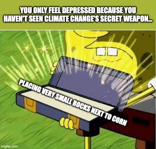 SpongeBob opening a glowing briefcase, captioned "You only feel depressed because you haven't seen climate change's secret weapon..." The briefcase is labelled "Spreading very small rocks on croplands."