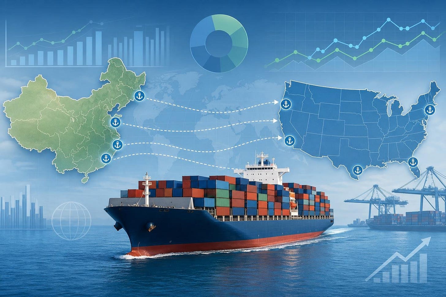 A cargo ship carrying containers sailing between maps of China and the USA connected by arrows representing shipping routes.