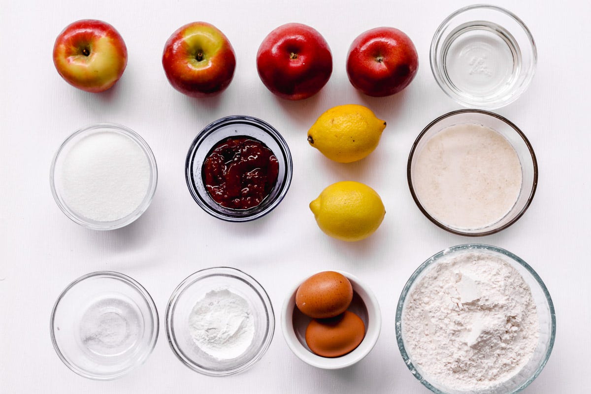 overhead image of ingredients to make an Italian apple cake.