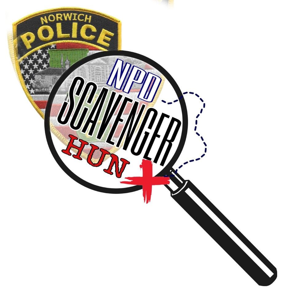 Image may contain: 1 person, text that says 'NORWICH POLICE SCAVENGER HUN NPD' Image may contain: 1 person, text that says 'NORWICH POLICE SCAVENGER HUN NPD'