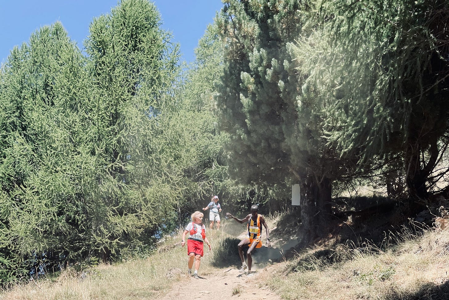 (2nd place runner Kipngeno Patrick flying by two tourists on the last breakneck-steep descent to Zinal) (2nd place runner Kipngeno Patrick flying by two tourists on the last breakneck-steep descent to Zinal)