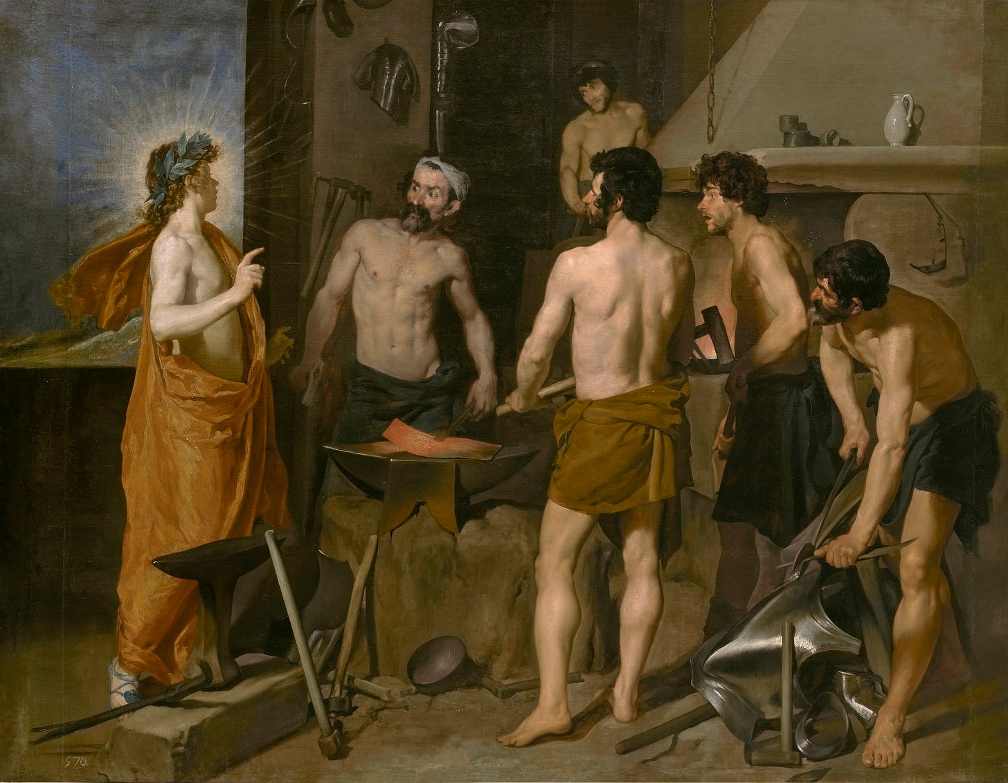 A Baroque oil painting by Diego Velázquez depicting Apollo, crowned with a laurel wreath, arriving at Vulcan’s forge. Vulcan and his assistants, clad in simple tunics, appear surprised by Apollo’s message. The workshop is lit dramatically, emphasizing the muscular figures and metallic elements of the forge.