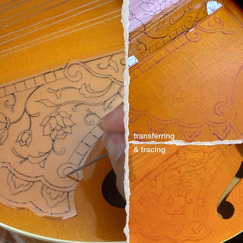 4 images: "drafting & creating stencils", "transferring & tracing", "painting many many many layers", and the final product
