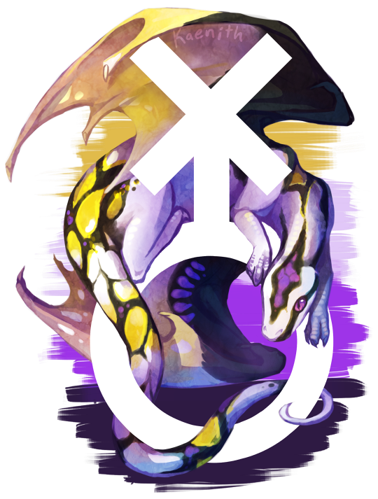 Serpent coiled around a large white symbol, set against a vibrant background of purple, yellow, and black hues. Text reads “Kaenith.”