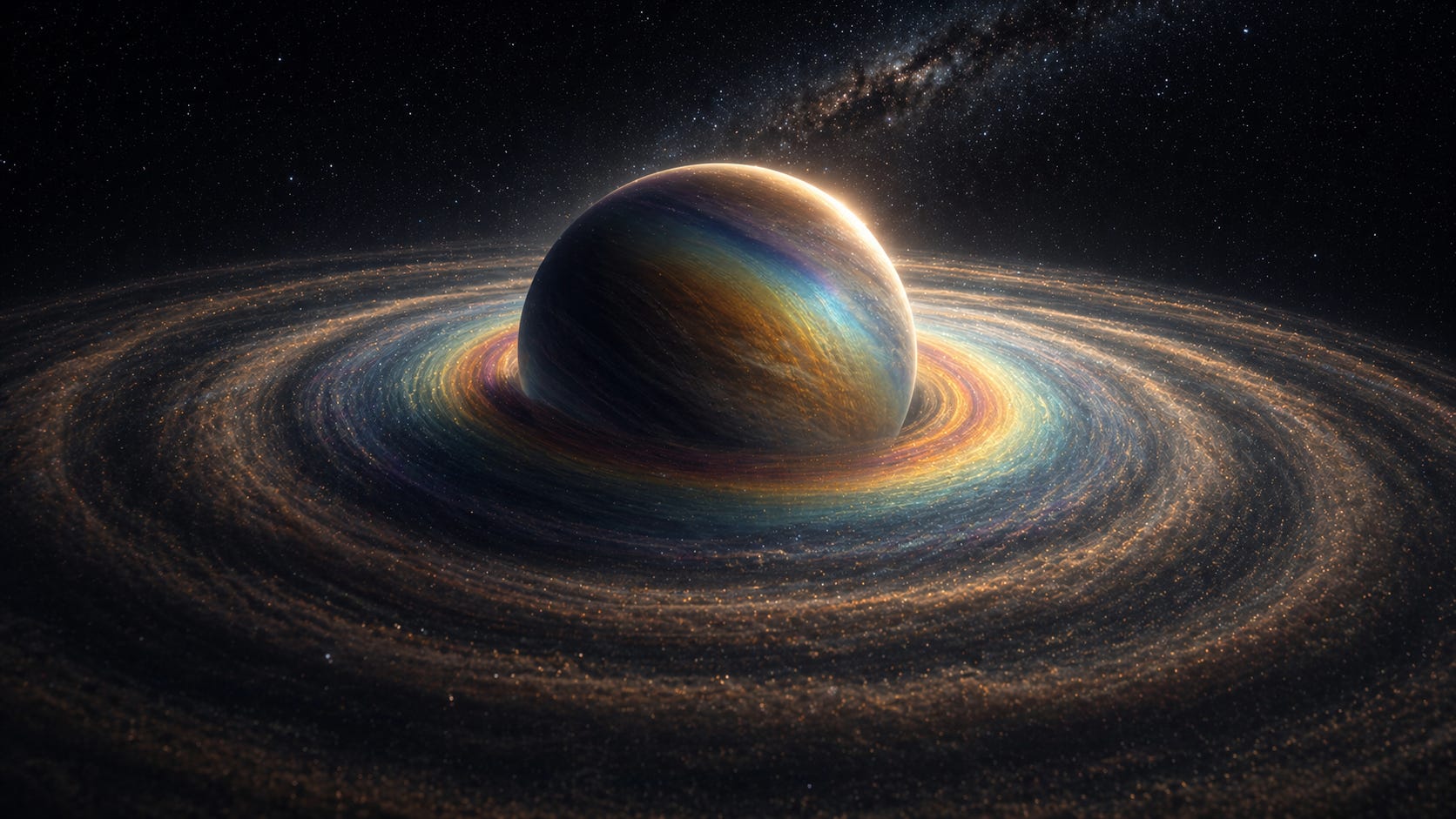 A cinematic, digitally created space scene showing a large planet surrounded by sweeping, multi-layered rings. The rings appear to glow with soft rainbow tones as light catches the particles, while a distant star illuminates the edge of the planet, creating a warm halo. In the background, a dense field of stars and a faint band of the Milky Way stretch across the sky. The composition is highly detailed and visually striking, designed to evoke the beauty and mystery of space rather than represent a real astronomical photograph.