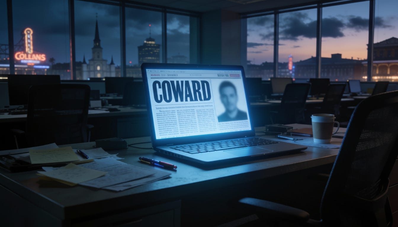 Close-up of a newsroom laptop with a bold COWARD headline and a completely blurred, anonymous portrait.