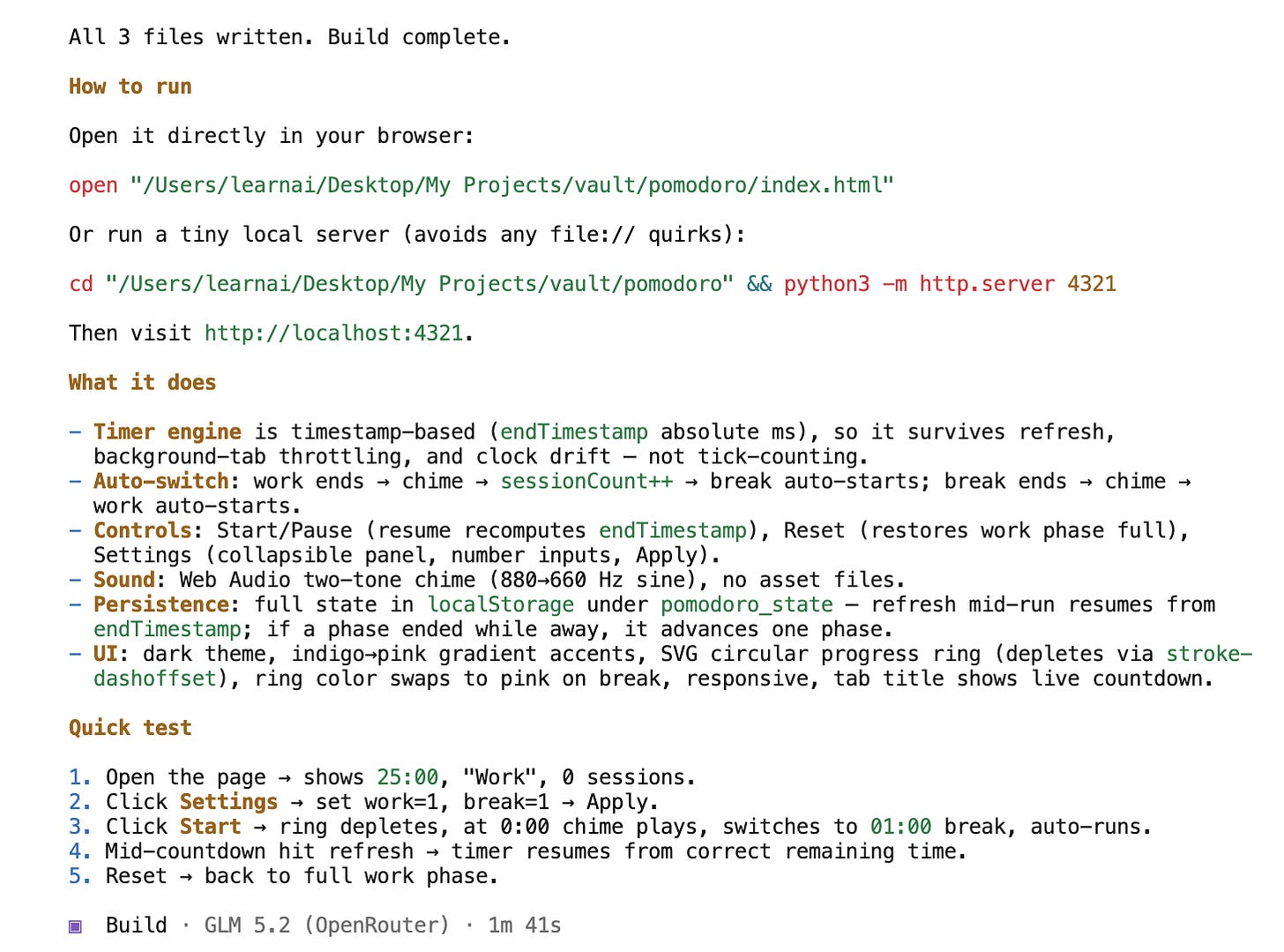 GLM 5.2 on Cloudflare Workers AI finishing the Pomodoro timer app build GLM 5.2 on Cloudflare Workers AI finishing the Pomodoro timer app build