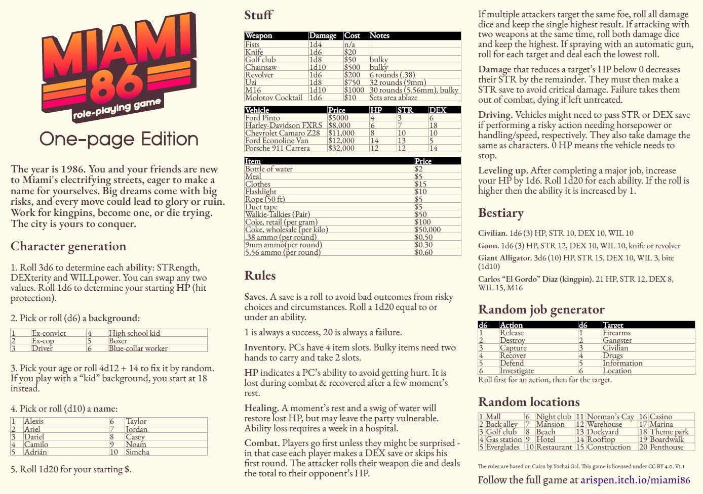 May be a graphic of text that says 'Stuff Chainsaw keep nighest MIAMI role-playing game Edition the highest. both gun, 1986. Miami's They friends makea cakes move come Work city yours one, big ruin. die trying. DEX damage the needs generation 1.Roll 3d6 and then completing major increase d20 ability. bility lou swap Bestiary (hit Rules (d6) background: DEX1 Carlos Roll ability. 1d20e from risky Gordo" Diaz (kingpin). 4d12 success, 20i alwaysa failure. Bulky items start take ممناعش oll (d10) name: Taylor lost during two getting hurt. atter Adrian Healing. lost Simcha water ulnerable. arget. Combat. Players The their might DEX weapon surprised deals Follow the' May be a graphic of text that says 'Stuff Chainsaw keep nighest MIAMI role-playing game Edition the highest. both gun, 1986. Miami's They friends makea cakes move come Work city yours one, big ruin. die trying. DEX damage the needs generation 1.Roll 3d6 and then completing major increase d20 ability. bility lou swap Bestiary (hit Rules (d6) background: DEX1 Carlos Roll ability. 1d20e from risky Gordo" Diaz (kingpin). 4d12 success, 20i alwaysa failure. Bulky items start take ممناعش oll (d10) name: Taylor lost during two getting hurt. atter Adrian Healing. lost Simcha water ulnerable. arget. Combat. Players The their might DEX weapon surprised deals Follow the'