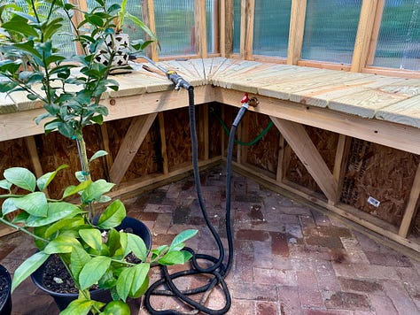 Mosaic of images showing features of a home-built greenhouse.