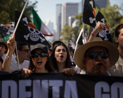 Demonstrators wave flags with the pirate skull symbol while standing behind a banner