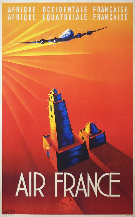 Old travel posters from the 1920s and 1930s.