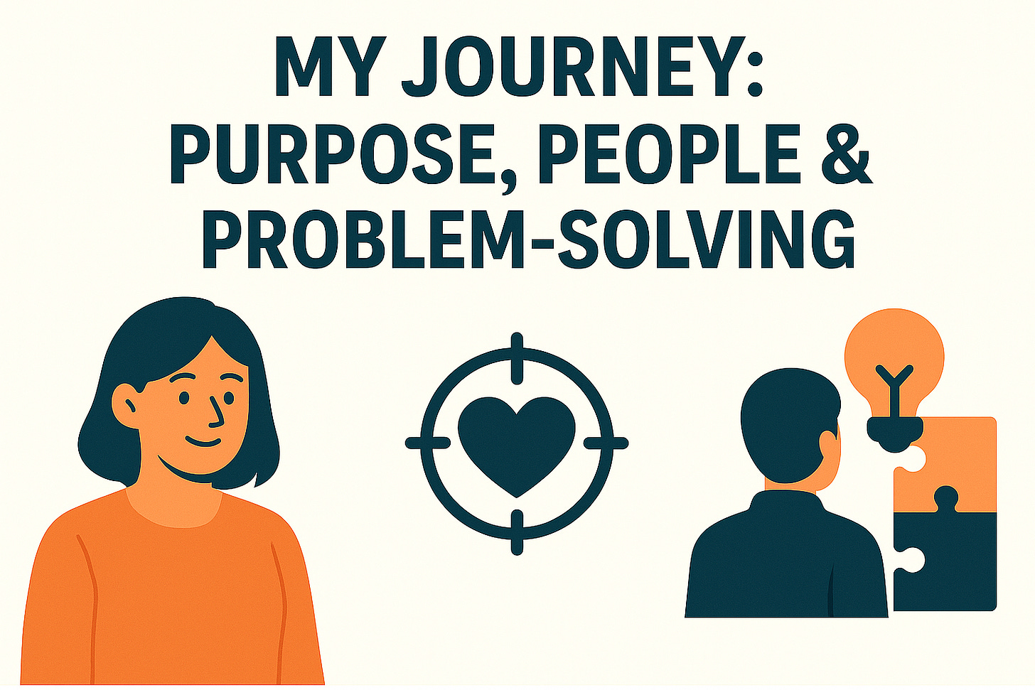 Sonia’s professional journey, highlighting her growth, with a colorful timeline-style illustration representing purpose, people and problem-solving in a puzzle piece.