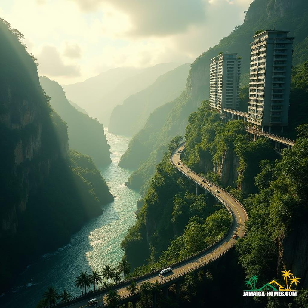 Jamaican mountain pass with narrow winding road, fast-moving river, and lush green cliffs, modern apartment towers rise with realistic glass, concrete, and steel, connected by skybridges, Jamaican taxis and cars navigate, tropical vegetation on cliffs, golden sunlight through misty clouds, in ultra-realistic cinematic style inspired by filmmakers like Denis Villeneuve, Roger Deakins, and Emmanuel Lubezki, with cinematic lighting, film grain, and vignette.