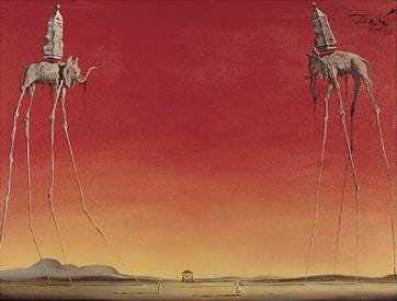 Dali's The Elephants, two beasts on impossibly long spindly legs carrying obelisks Dali's The Elephants, two beasts on impossibly long spindly legs carrying obelisks