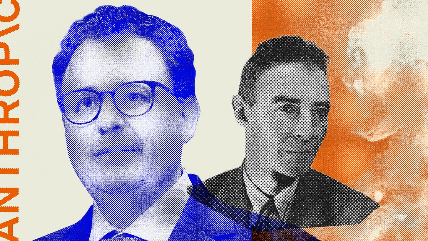 A collage that includes the faces of Dario Amodei and J. Robert Oppenheimer A collage that includes the faces of Dario Amodei and J. Robert Oppenheimer