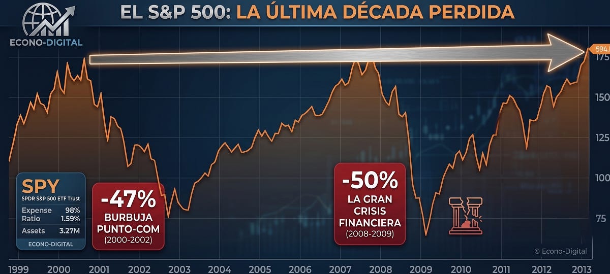 Gráfico financiero con fondo oscuro de la cotización del S&P 500 entre los años 1999 y 2013, titulado "El S&P 500: La Última Década Perdida". Una gran flecha horizontal plateada cruza el gráfico mostrando que el precio final en 2013 es idéntico al inicial de 1999. Se destacan en recuadros rojos las dos grandes caídas del periodo: la Burbuja Punto-Com (2000-2002) con un descenso del -47%, y La Gran Crisis Financiera (2008-2009) con una caída del -50%. Gráfico financiero con fondo oscuro de la cotización del S&P 500 entre los años 1999 y 2013, titulado "El S&P 500: La Última Década Perdida". Una gran flecha horizontal plateada cruza el gráfico mostrando que el precio final en 2013 es idéntico al inicial de 1999. Se destacan en recuadros rojos las dos grandes caídas del periodo: la Burbuja Punto-Com (2000-2002) con un descenso del -47%, y La Gran Crisis Financiera (2008-2009) con una caída del -50%.
