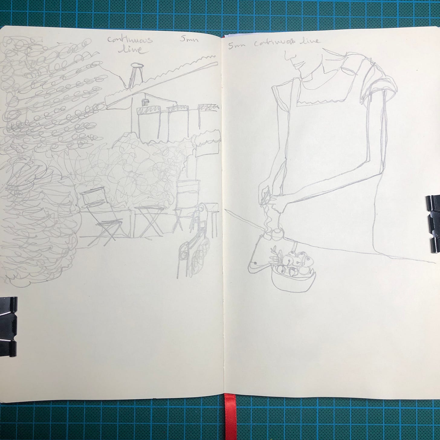 Photo d’une double-page de mon sketchbook. Le dessin de gauche a été réalisé en une ligne continue en 5 minutes, au crayon graphite. Le dessin de droite a été réalisé en une ligne continue en 5 minutes, au crayon graphite également.