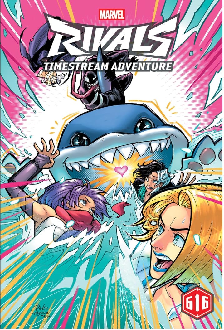 Cover of Marvel Rivals: Timestream Adventure, showing Marvel characters including Emma Frost, Psylocke, Jeff the Land Shark, Luna Snow, Mantis, and Venom in dynamic action poses as they escape a swirling multiverse timestream, with vibrant cosmic colors and dramatic energy effects.