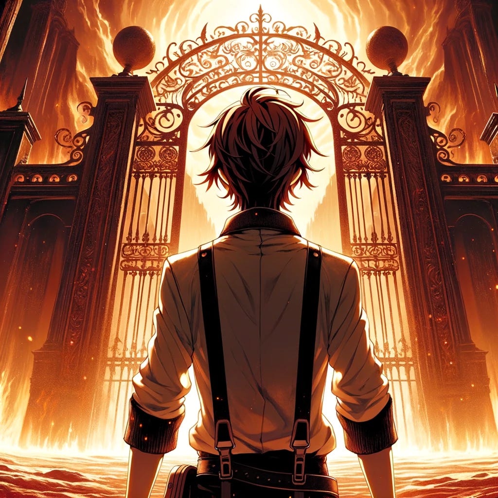 An anime protagonist, viewed from behind, stands in front of the imposing gates of Hell, ready to confront the unknown challenges that lie beyond. The gates loom large, their intricate and ominous designs hinting at the perils inside. The protagonist's posture is one of determination and bravery, with every line of their figure radiating resolve. Their hair flutters slightly in a warm, sulfurous breeze, contrasting sharply with the cold, hard metal of the gate. The scene is charged with anticipation, the moment before the protagonist takes the first step into an epic journey.