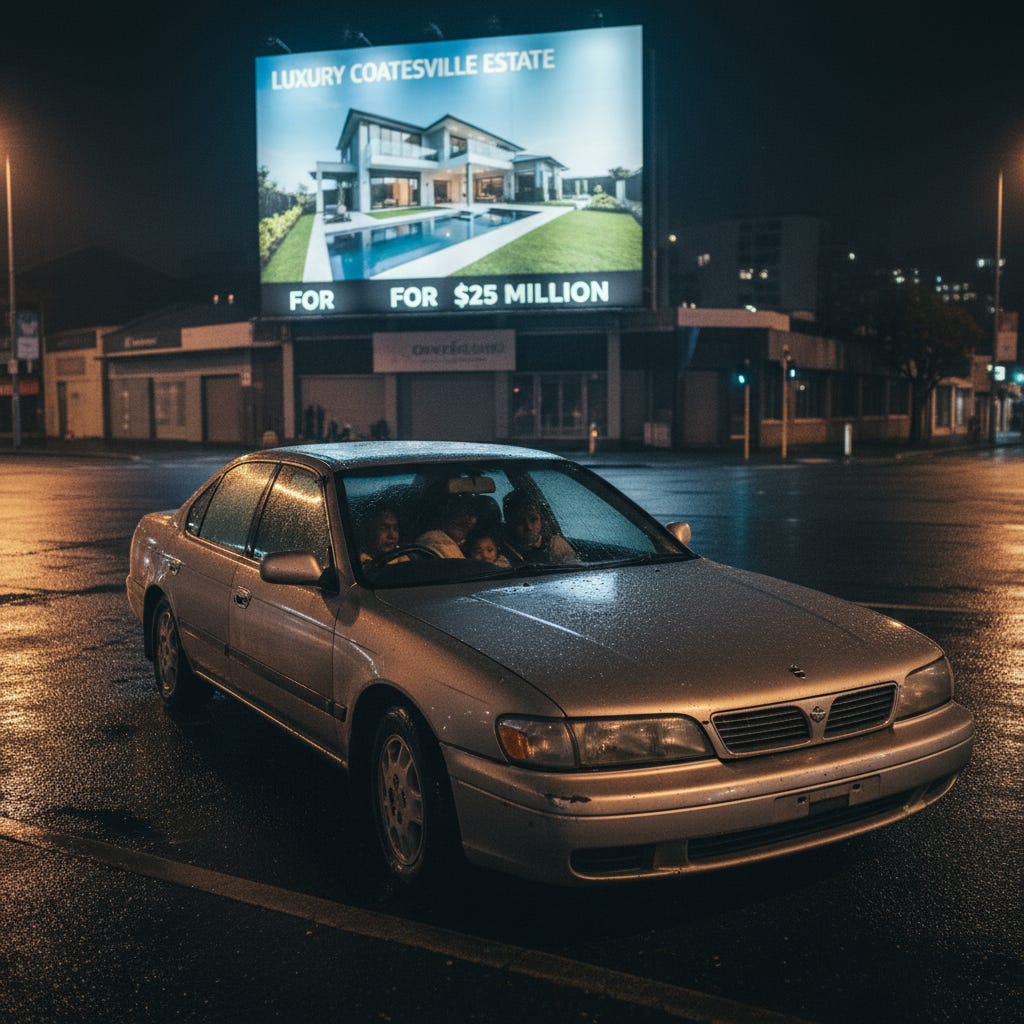 A hyper-realistic, high-contrast photo of a rusted, beat-up sedan parked on a dark Auckland street at night, windows fogged up, with a family sleeping inside, illuminated by the cold neon glow of a nearby 'for sale' sign on a luxury real estate billboard. A hyper-realistic, high-contrast photo of a rusted, beat-up sedan parked on a dark Auckland street at night, windows fogged up, with a family sleeping inside, illuminated by the cold neon glow of a nearby 'for sale' sign on a luxury real estate billboard.