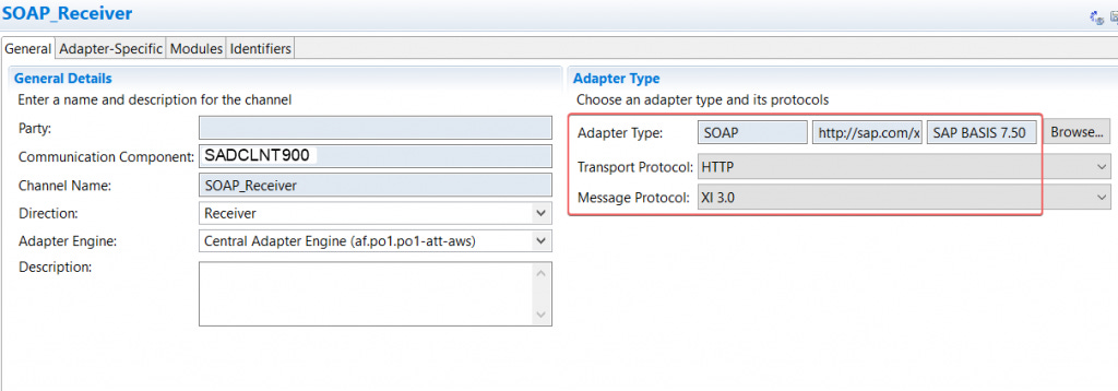 SOAP Receiver General Configuration. Adapter type SOAP, Transport Protocol HTTP and Message Protocol XI 3.0