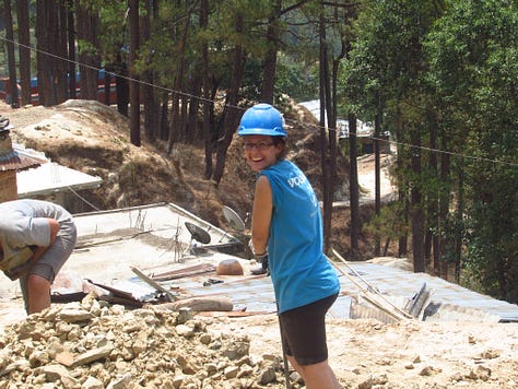 Pictures of life volunteering in disaster relief in Nepal. Tents in a courtyard, people sitting around reading books and playing games, standing on top of a damaged building, and buckets they used for washing.