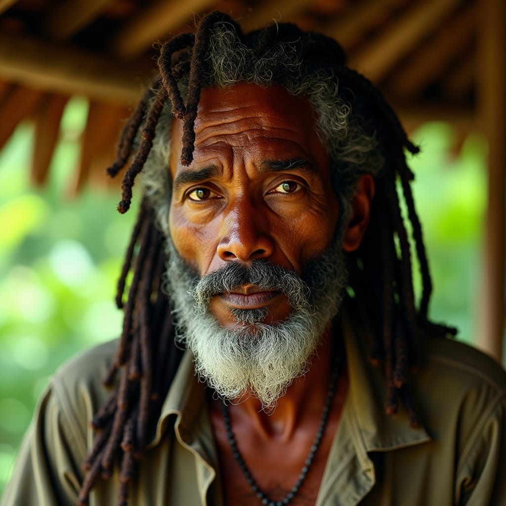 A close-up portrait of a regal Rastafarian man in 1930s Jamaica