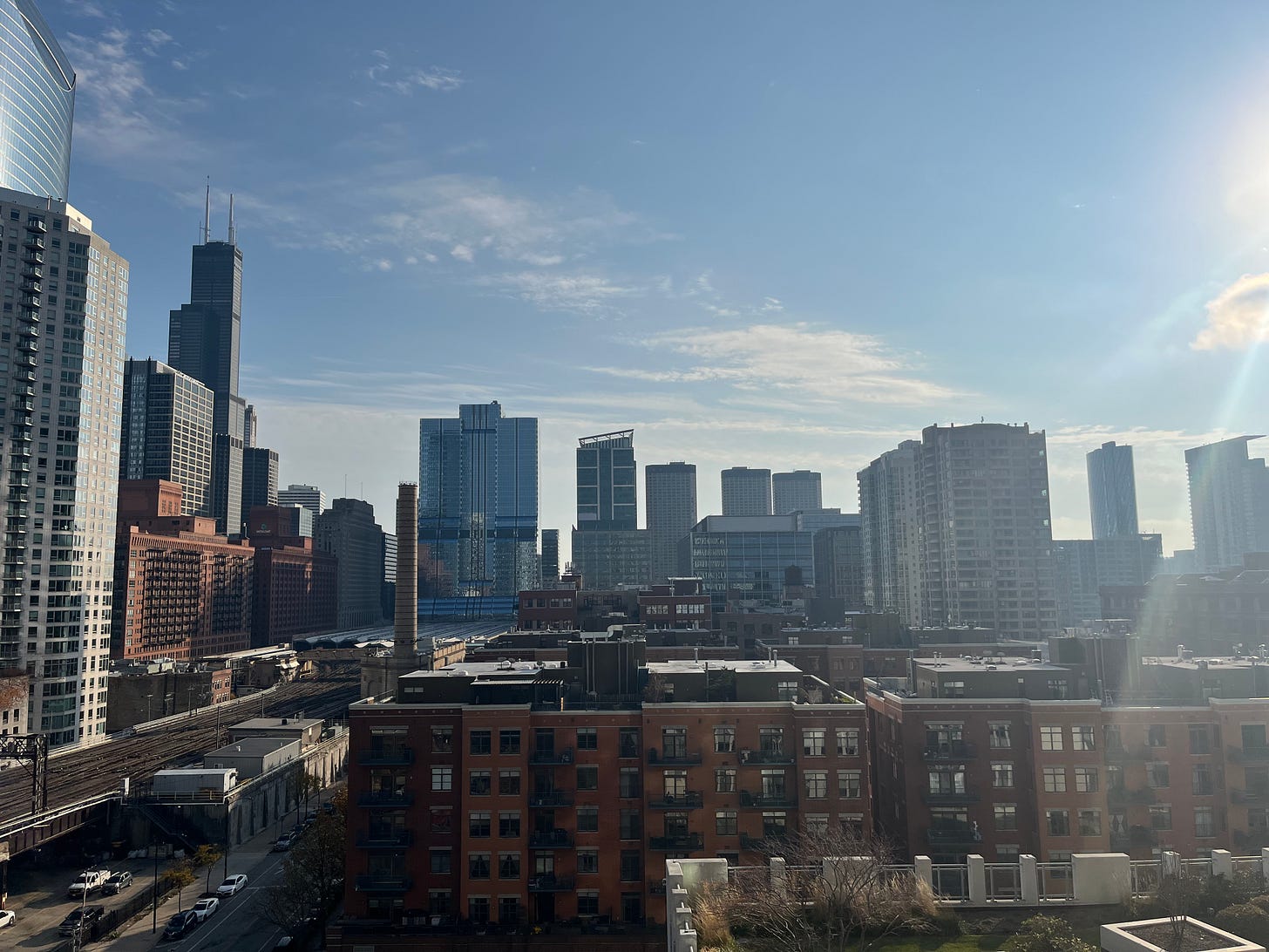 A view of Chicago's West Loop neighborhood from an apartment balcony. 