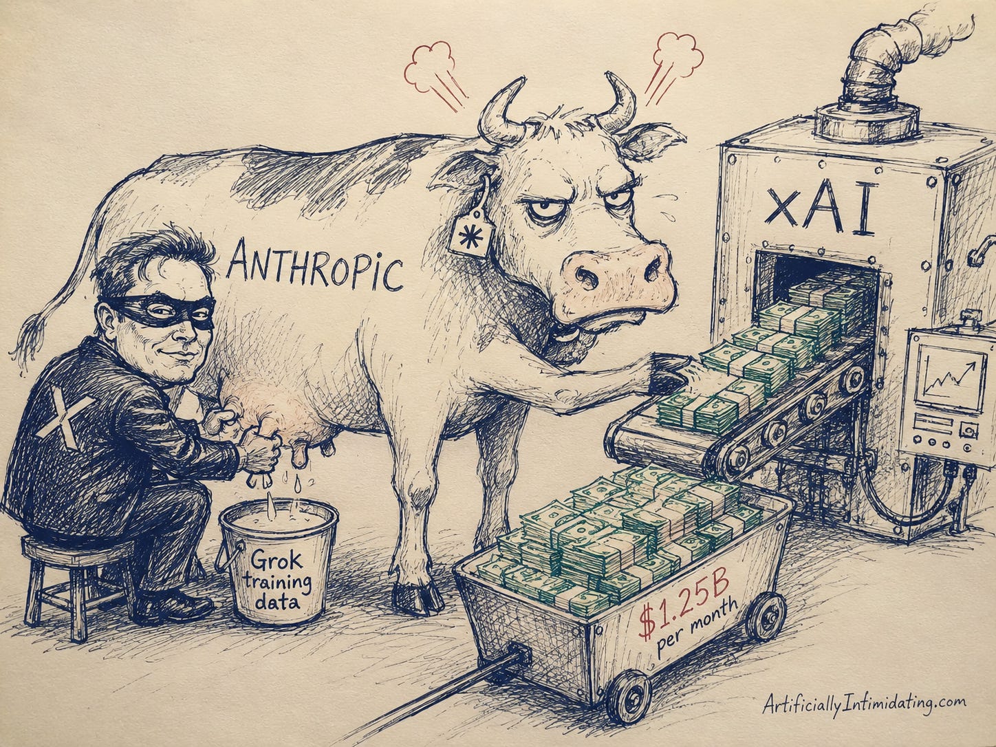 AI created Editorial cartoon showing Elon Musk milking an Anthropic-branded cow into a bucket labeled Grok training data while the same cow feeds huge stacks of cash into an xAI machine. The cow appears frustrated about having its AI knowledge copied but continues paying billions of dollars for xAI data center infrastructure, illustrating the unusual relationship in which Anthropic is simultaneously a customer, competitor, and alleged victim of xAI. Bull has extra leg