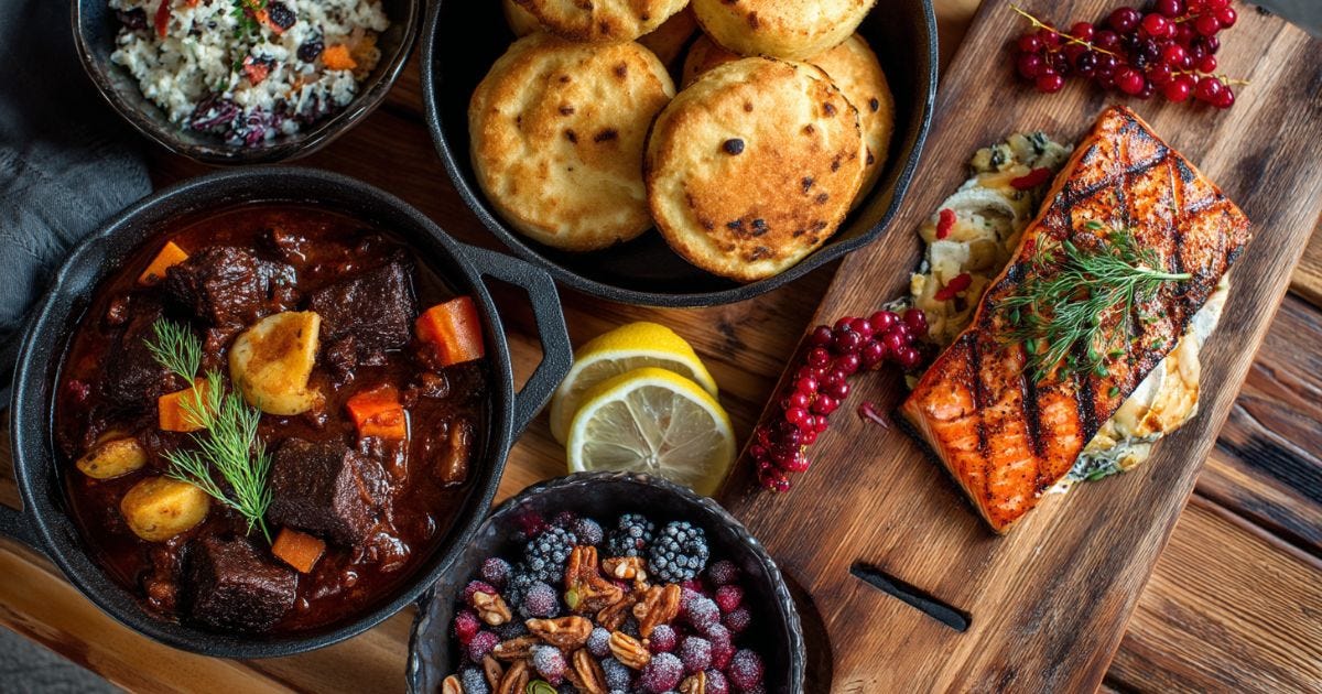 A flat lay spread of Indigenous Canadian dishes including bannock, bison stew, Arctic char, and wild rice pilaf.