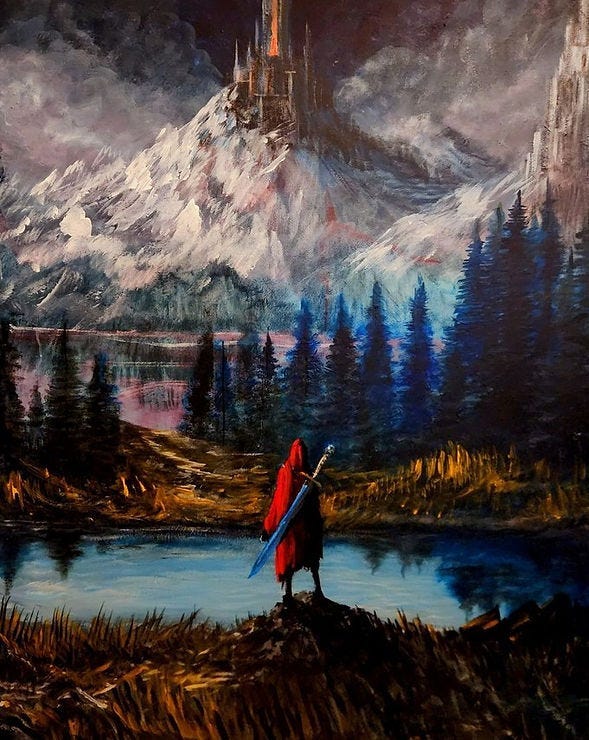 A figure in a red cloak with a sword gazes at a distant castle on a snowy mountain. Dark trees and a reflective lake set a mystical mood. A figure in a red cloak with a sword gazes at a distant castle on a snowy mountain. Dark trees and a reflective lake set a mystical mood.