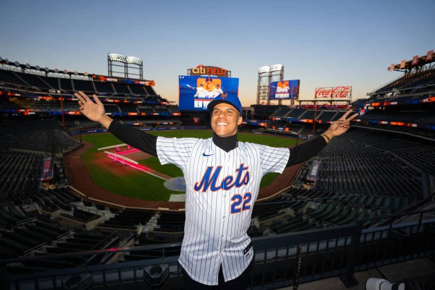 Juan Soto of the New York Mets poses for a photo during the Juan Soto introductory press conference at Citi Field on Thursday, December 12, 2024 in...
