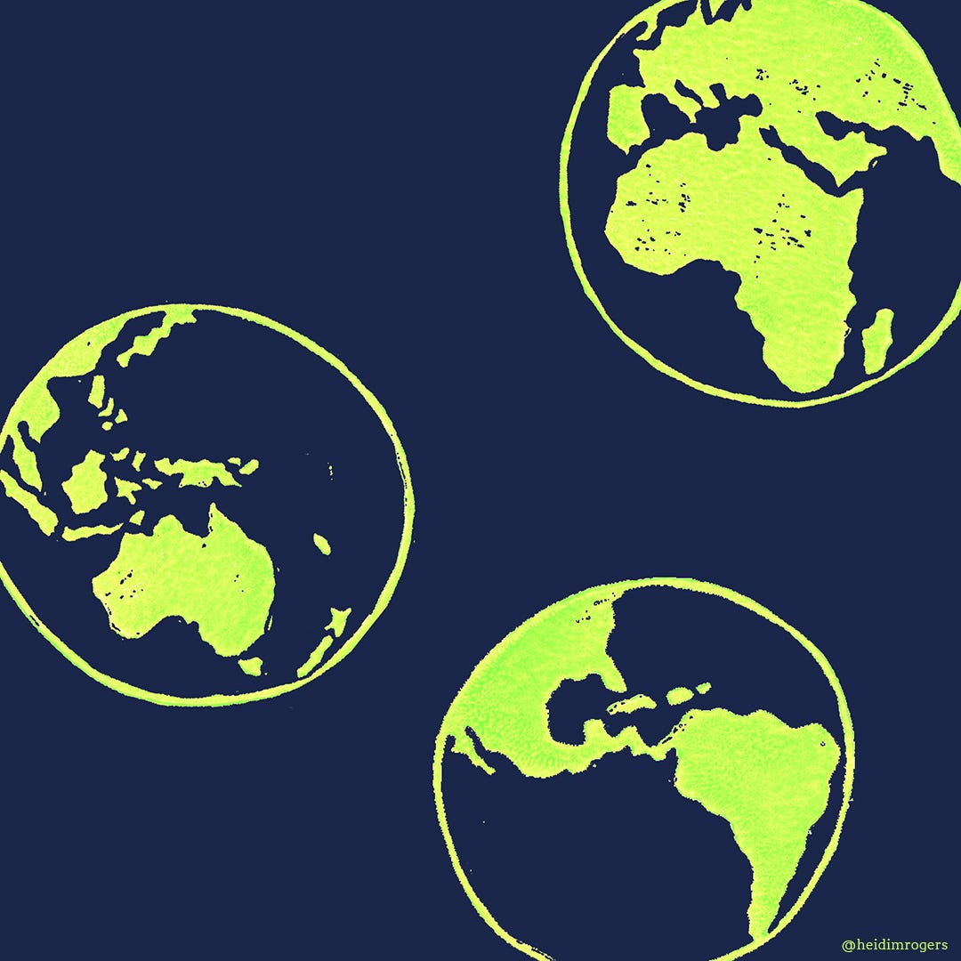 Dark navy background with three neon green prints of the world from various angles, highlighting Africa, Australia, and South America in particular.