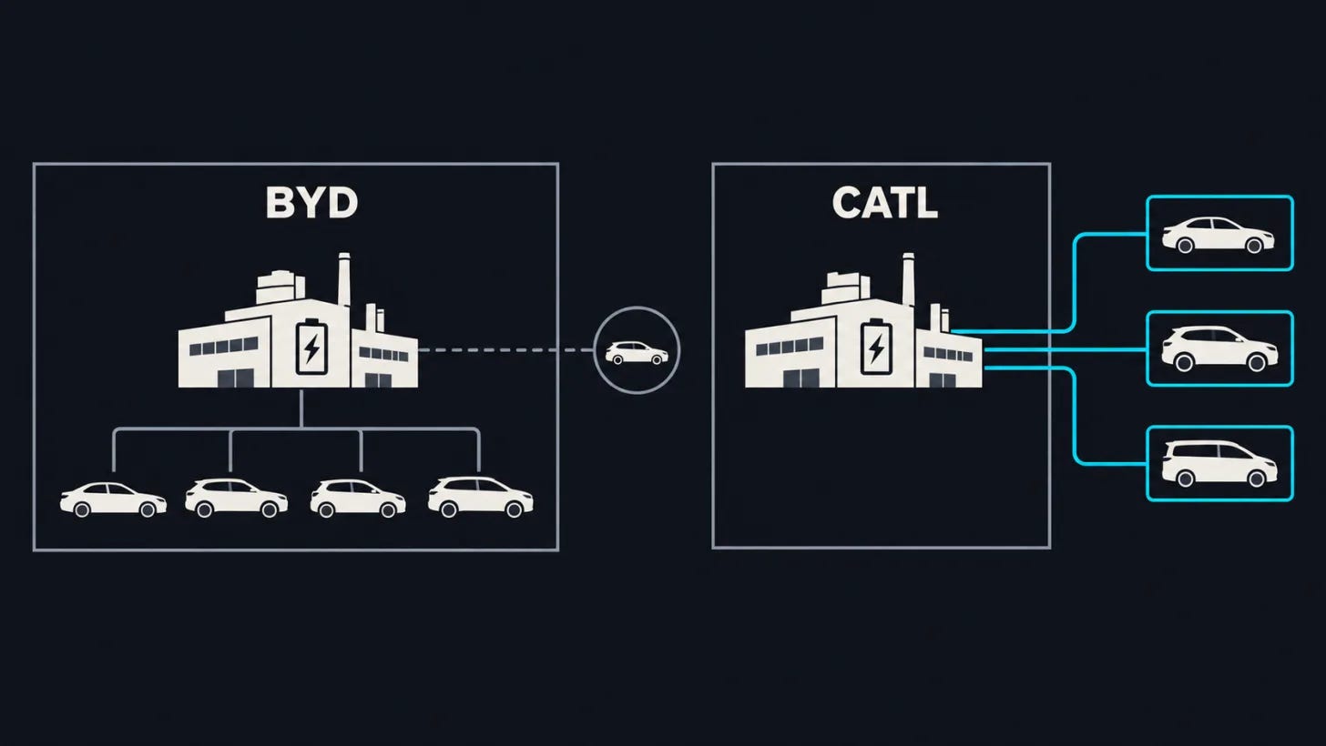 BYD’s battery demand depends mainly on its own cars. CATL draws demand from multiple carmakers. BYD’s battery demand depends mainly on its own cars. CATL draws demand from multiple carmakers.