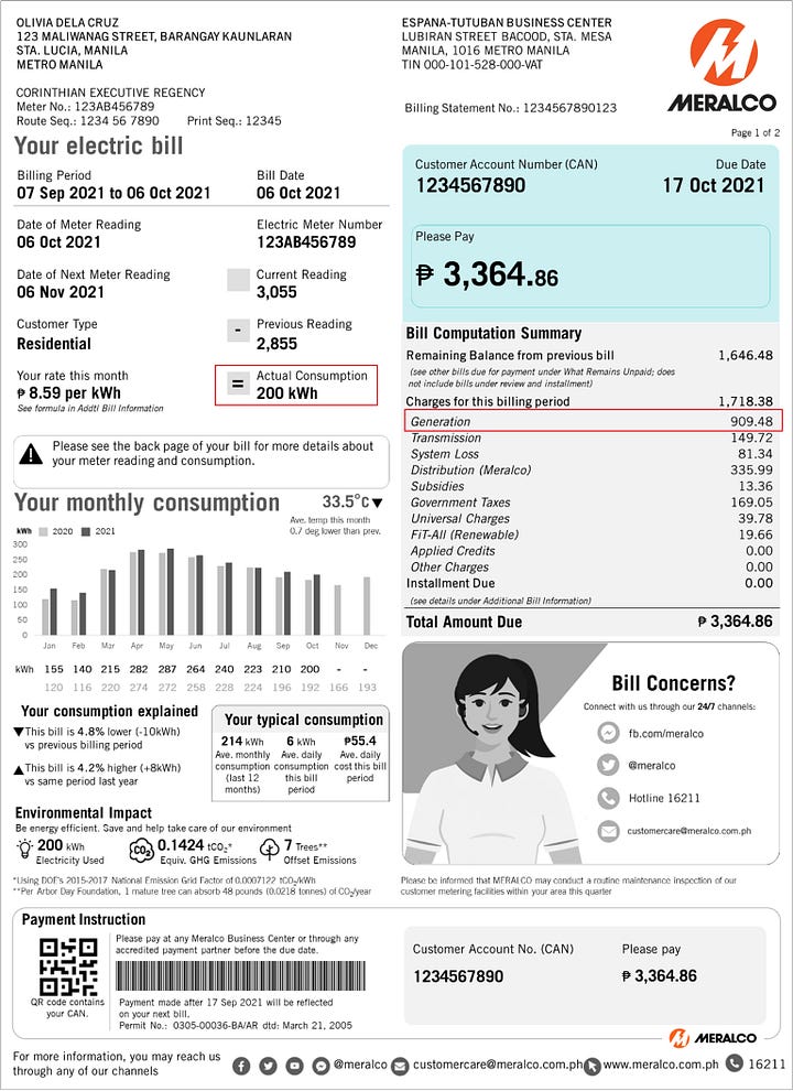 Generation highlighted on the electric bill.