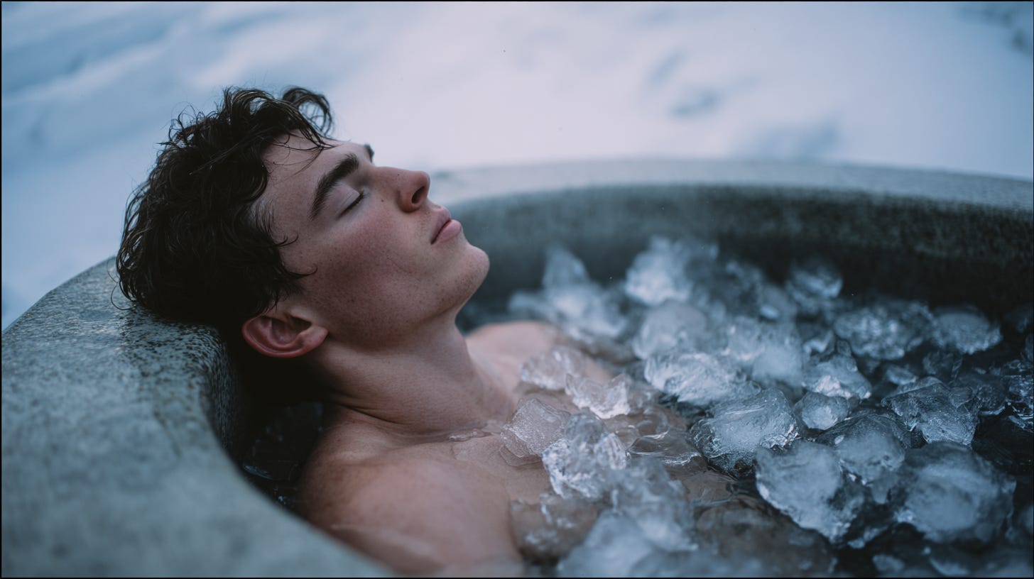 Fit male athlete enjoying a cold bath for recovery. Fit male athlete enjoying a cold bath for recovery.